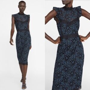 ZARA Teal Guipure Lace Mock Neck Midi Dress Fitted Cocktail XS